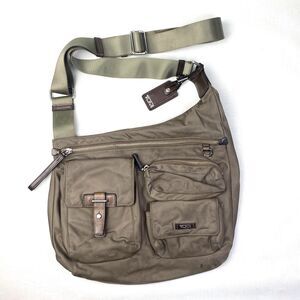TUMI Khaki Beige Nylon CROSSBODY MESSENGER BAG! Tan Brown Leather Travel